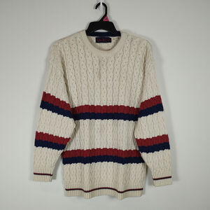 VTG The Boss cable knit braid cream/navy/red casual striped sweater mens Large
